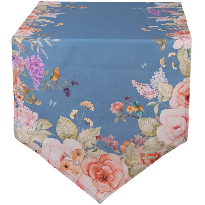 Clayre & Eef Tischläufer 50x160 cm Blau Floral Baumwolle Vögel Blumen