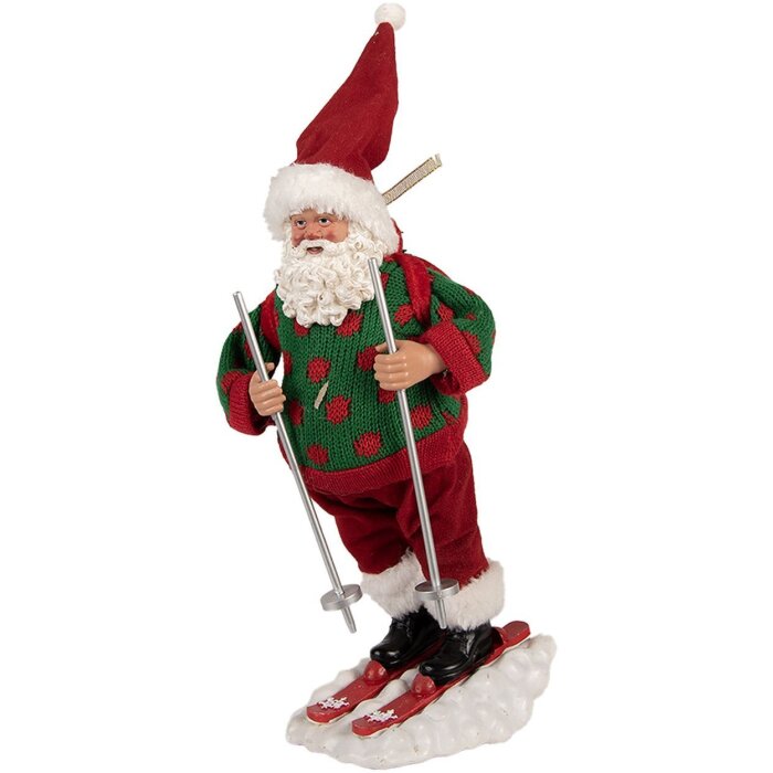 Clayre & Eef Weihnachtsmann auf Skiern Rot Grün 15x13x28 cm Dekorfigur
