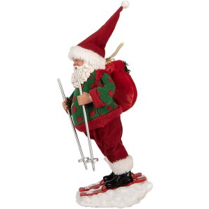 Clayre & Eef Weihnachtsmann auf Skiern Rot Grün 15x13x28 cm Dekorfigur