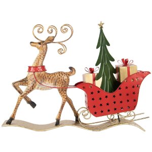 Clayre & Eef Декор Олень с санями 68x11x50 см коричневый и красный