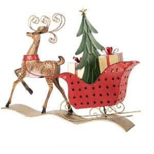 Clayre & Eef Декор Олень с санями 68x11x50 см коричневый и красный