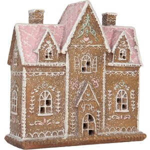 Clayre & Eef Декор. домик с LED 21x8x20 см, коричневый/розовый