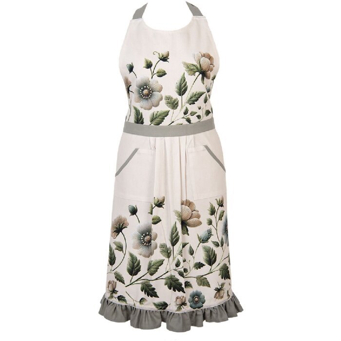 Clayre & Eef GTB41A Schürze 70x85 cm Baumwolle Beige Grün Blumen Rüschen