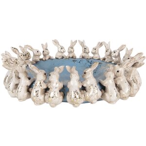 Чаша Clayre & Eef с кроликами Ø 23x7 см, бежево-синяя, для декора