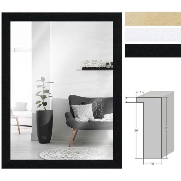 Зеркальная рамка MendeFrames H980 из массивного дерева, черная, натуральная, белая