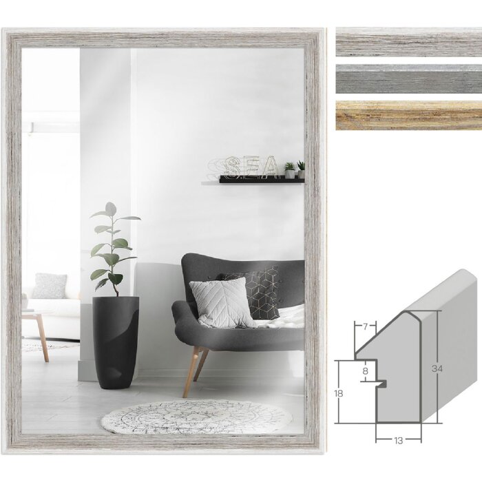 Зеркало MendeFrames на стену H790 в стиле ландхаус, белый, серый, натуральный