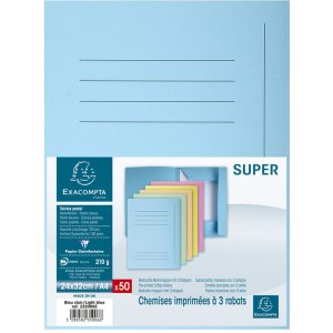 Packung mit 50 Aktenmappen mit 3 Klappen und Beschriftungsfeld aus Manila Karton 250g Jura, für Format DIN A4 Hellblau