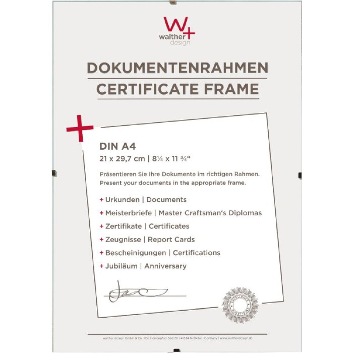 Рамка с зажимом Walther DIN A4 - прозрачное стекло 21x29,7 см